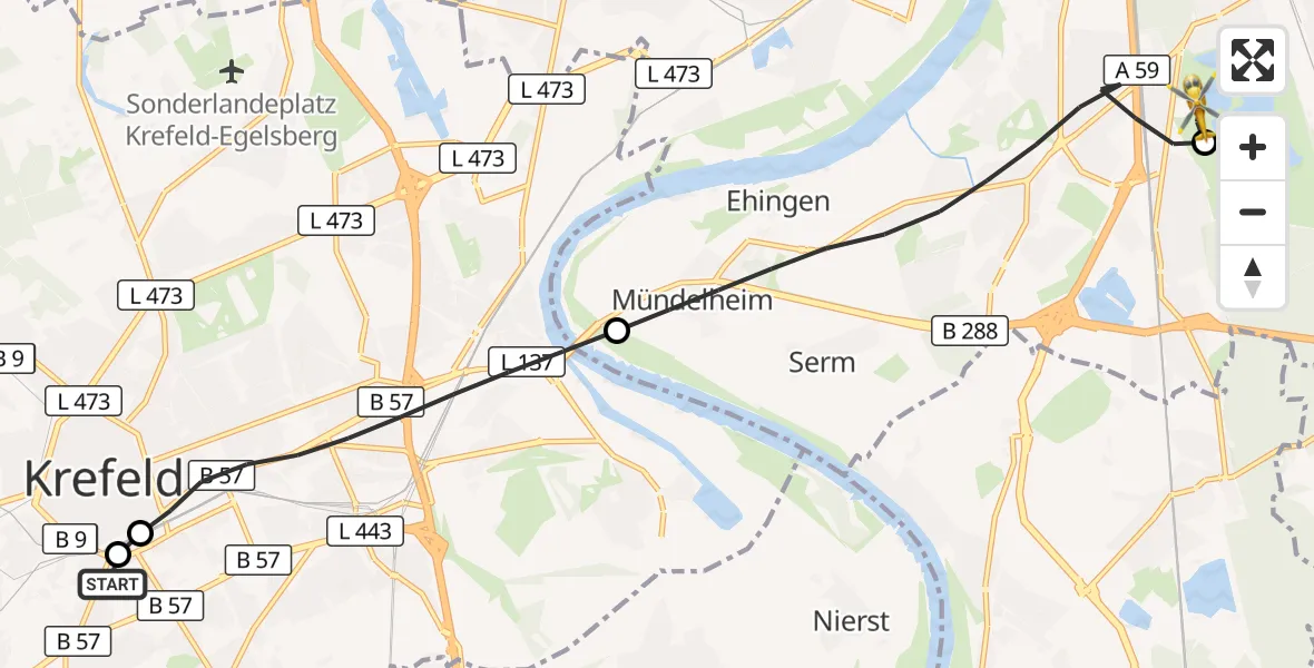 Flugroute Rettungshubschrauber Helios Clinic Krefeld - Duisburg Air Rescue Hubschrauberlandeplatz (Christoph 9), 07 August 2026, 16:07