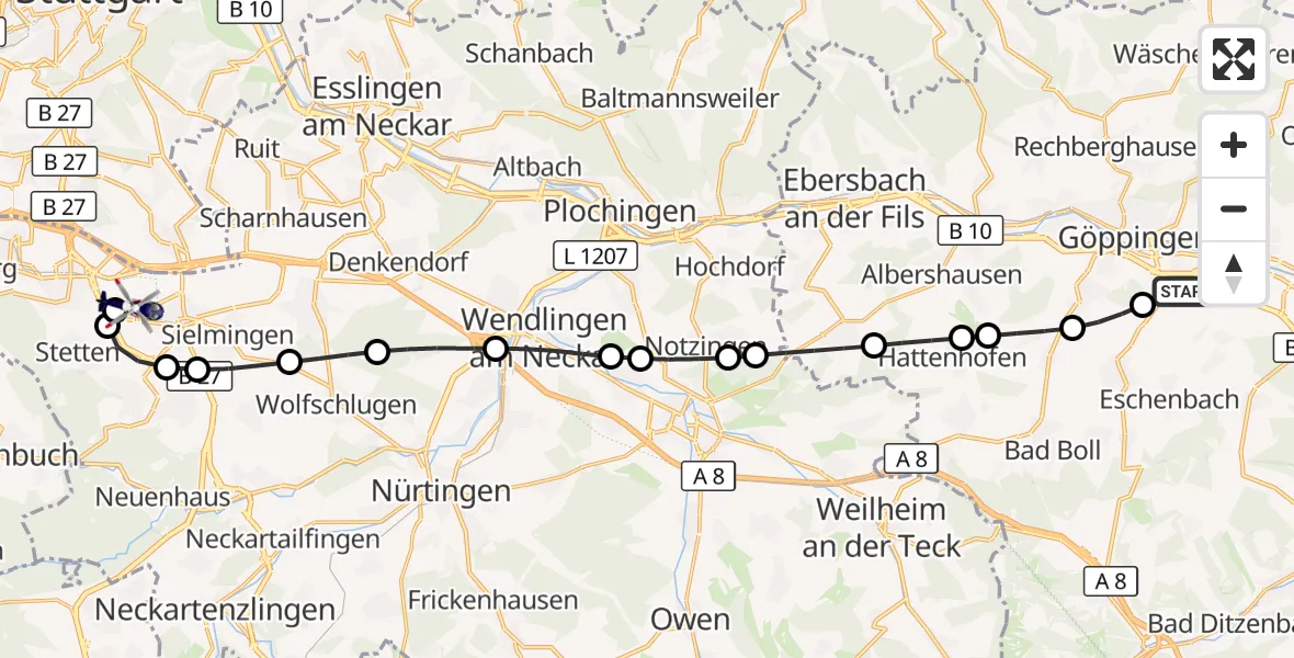 Flugroute Polizeihubschrauber Göppingen - Flughafen Stuttgart, 07 August 2026, 16:09