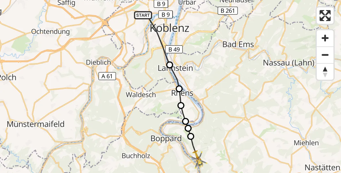 Flugroute Rettungshubschrauber Koblenz - Kamp-Bornhofen, 07 August 2026, 16:09