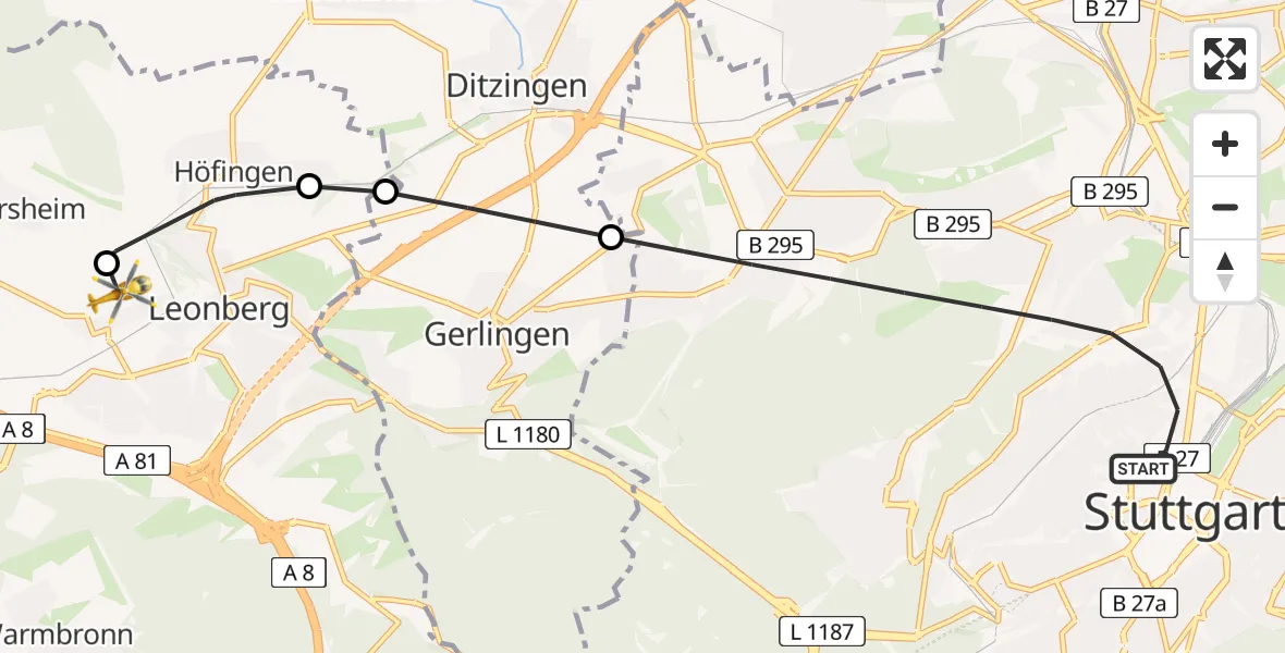 Flugroute Rettungshubschrauber Stuttgart - Leonberg Hospital, 07 August 2026, 16:11