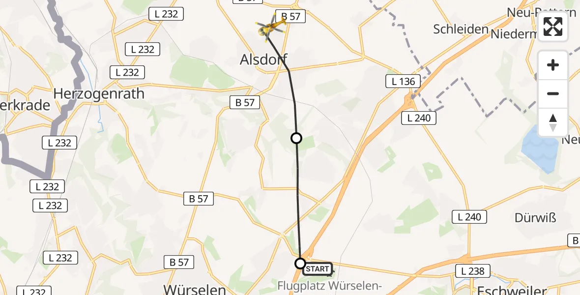 Flugroute Rettungshubschrauber Aachen-Merzbrück Flughafen - Alsdorf, 07 August 2026, 16:11
