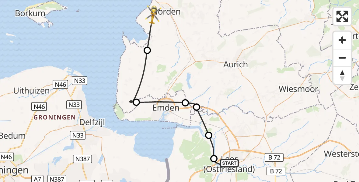 Flugroute Ambulanzhubschrauber Leer (Ostfriesland) - Norden, 07 August 2026, 16:12
