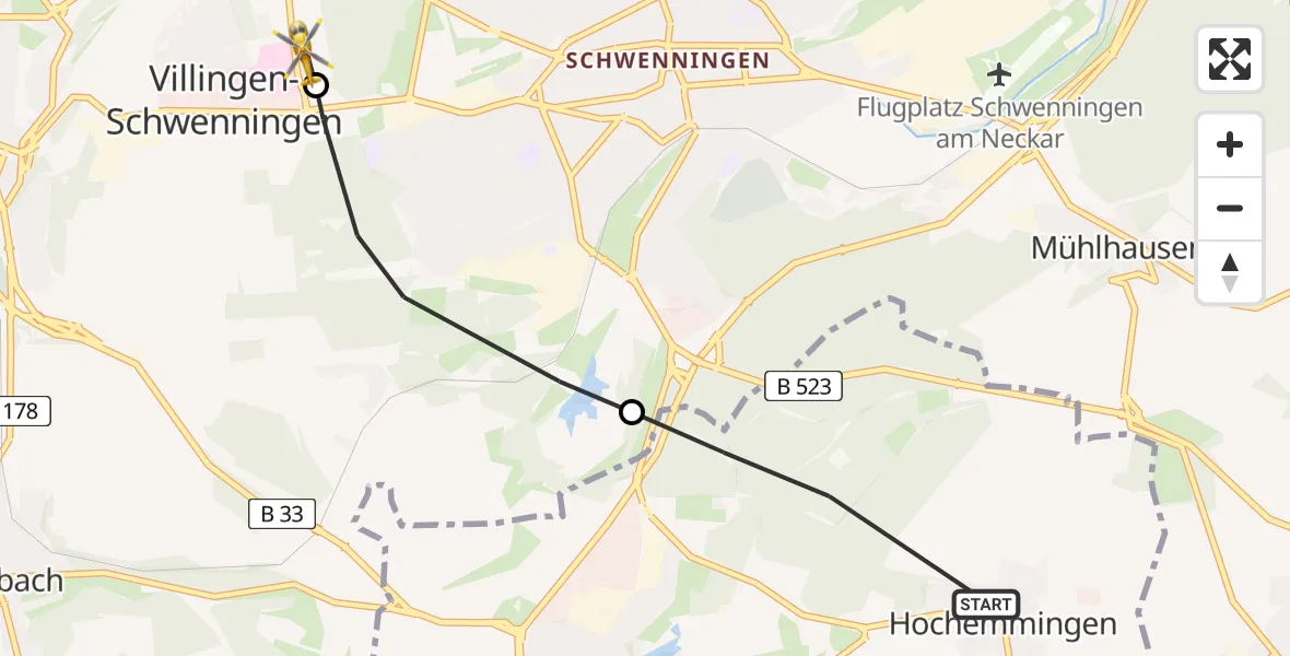 Flugroute Ambulanzhubschrauber Bad Dürrheim - DRF Air Rescue Station Villingen-Schwenningen Hubschrauberlandeplatz (Christoph 11), 07 August 2026, 16:14