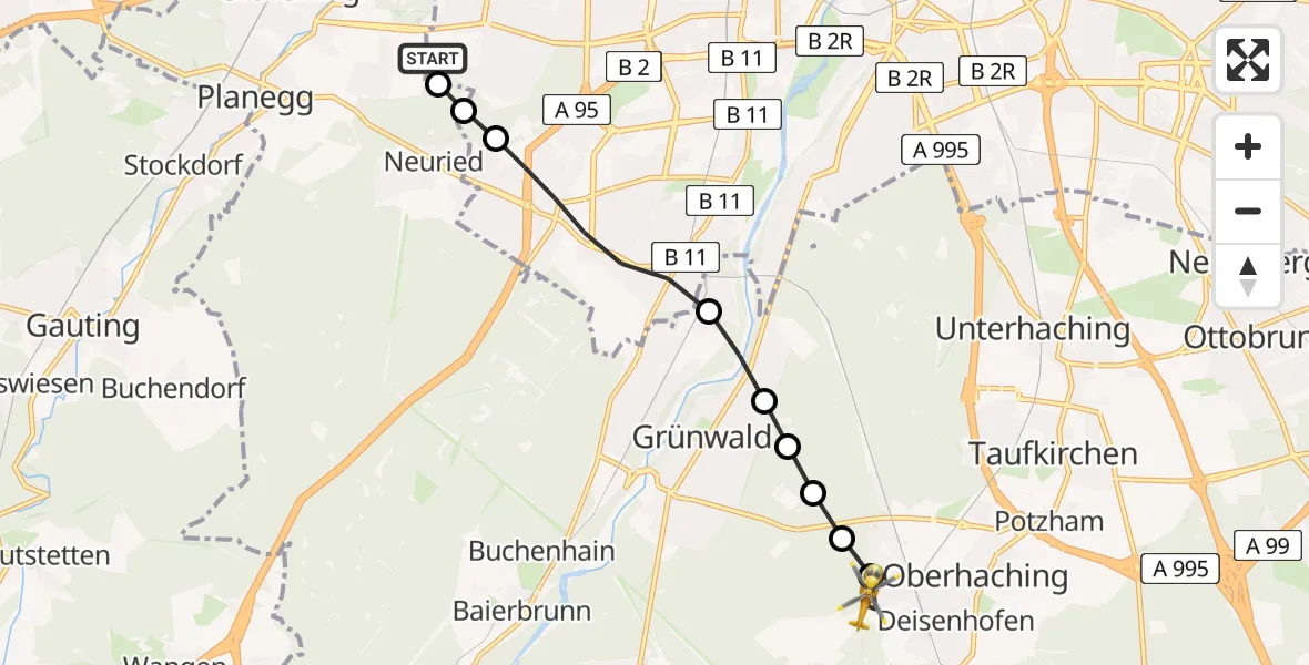 Flugroute Rettungshubschrauber DRF Air Rescue München Hubschrauberlandeplatz - Oberhaching, 07 August 2026, 16:20