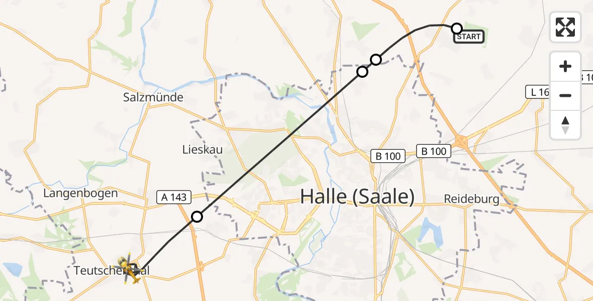Flugroute Rettungshubschrauber Halle-Oppin Flugplatz - Teutschenthal, 07 August 2026, 16:22