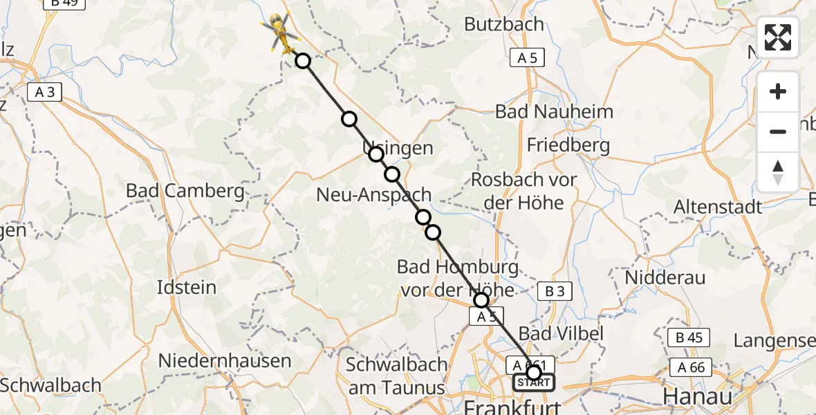 Flugroute Rettungshubschrauber Frankfurt am Main Accident Hospital Roof Helipad (CHX2) - Weilmünster, 07 August 2026, 16:27