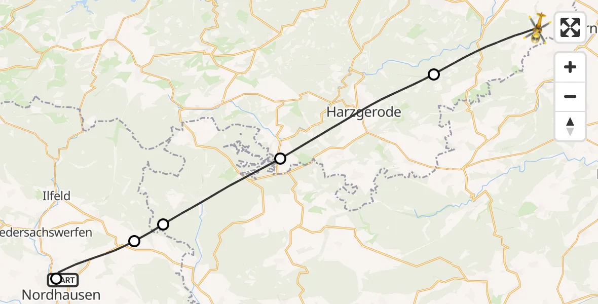 Flugroute Rettungshubschrauber Südharz Hospital Nordhausen - Falkenstein/Harz, 07 August 2026, 16:29