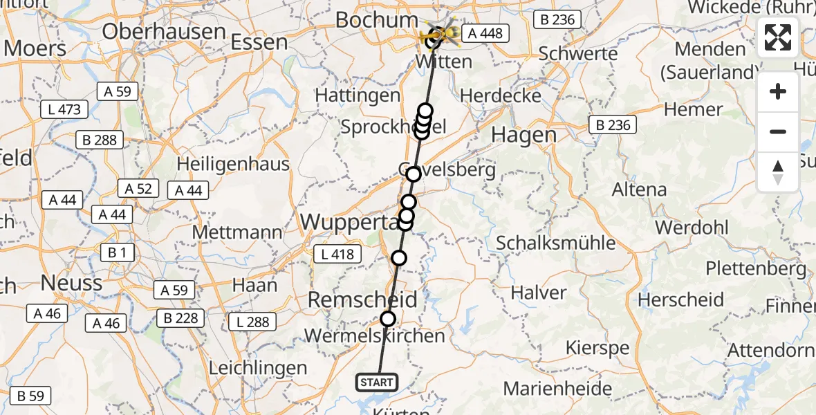 Flugroute Rettungshubschrauber Wermelskirchen - Bochum University Miners' Hospital, 07 August 2026, 16:32