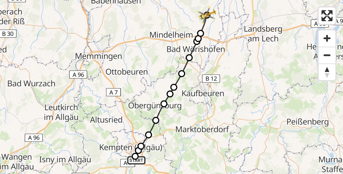 Flugroute Rettungshubschrauber Kempten-Durach Flugplatz - Ettringen, 07 August 2026, 16:32
