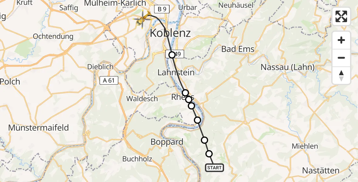 Flugroute Rettungshubschrauber Lykershausen - Koblenz, 07 August 2026, 16:41