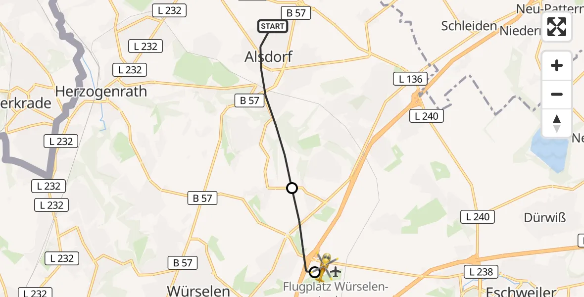 Flugroute Rettungshubschrauber Alsdorf - Aachen-Merzbrück Flughafen, 07 August 2026, 16:47