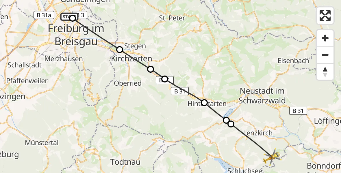 Flugroute Ambulanzhubschrauber Freiburg im Breisgau Flugplatz - Lenzkirch, 07 August 2026, 16:49