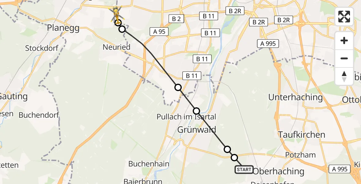 Flugroute Rettungshubschrauber Oberhaching - DRF Air Rescue München Hubschrauberlandeplatz, 07 August 2026, 16:55