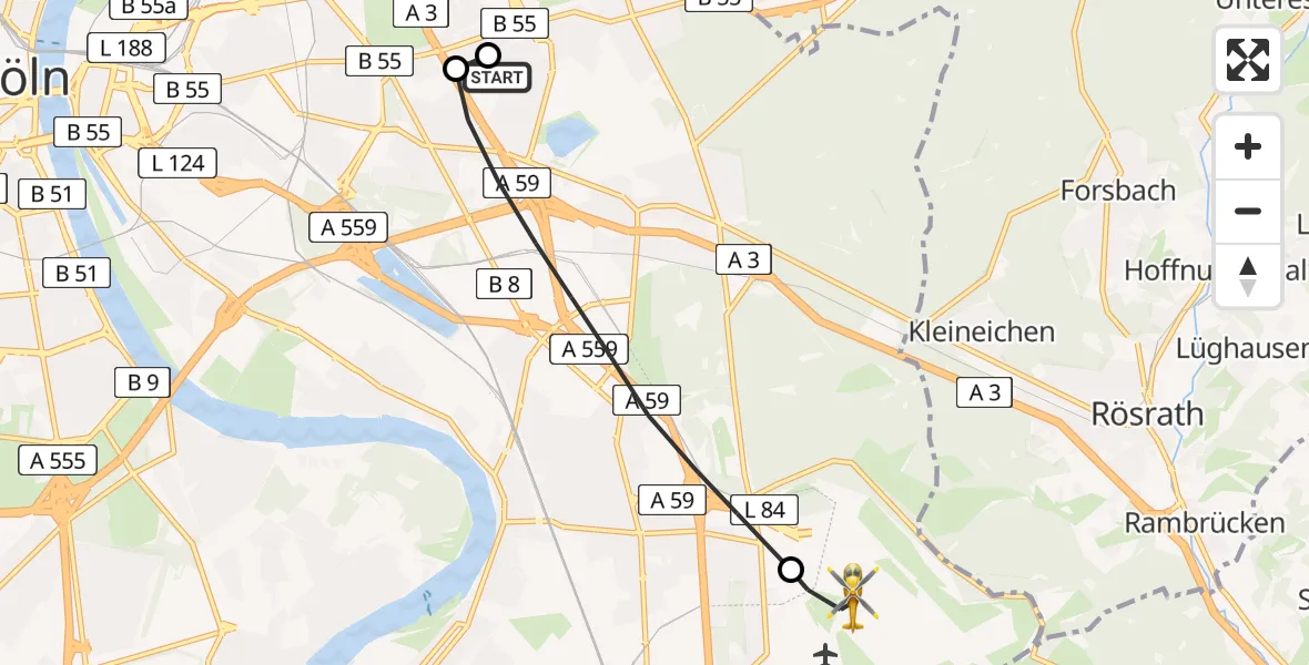 Flugroute Ambulanzhubschrauber Merheim Hospital - Köln Bonn Flughafen, 07 August 2026, 16:55