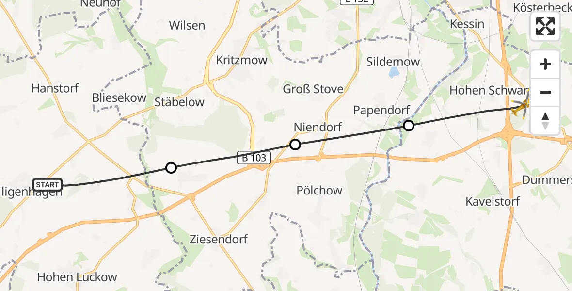 Flugroute Ambulanzhubschrauber Satow - Dummerstorf, 07 August 2026, 17:00