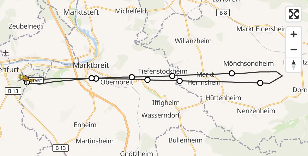 Flugroute Rettungshubschrauber Marktbreit - Ochsenfurt Hospital, 07 August 2026, 17:00