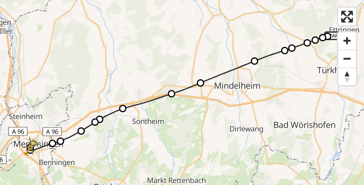 Flugroute Rettungshubschrauber Ettringen - Memmingen Hospital, 07 August 2026, 17:03