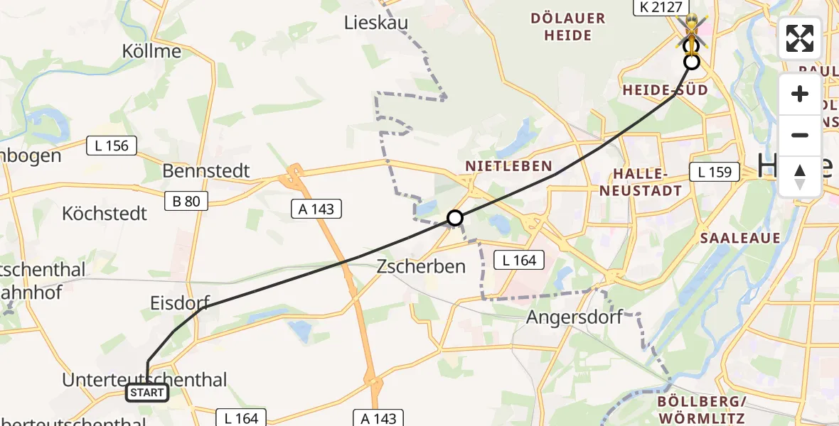 Flugroute Rettungshubschrauber Teutschenthal - Halle (Saale) University Hospital, 07 August 2026, 17:05