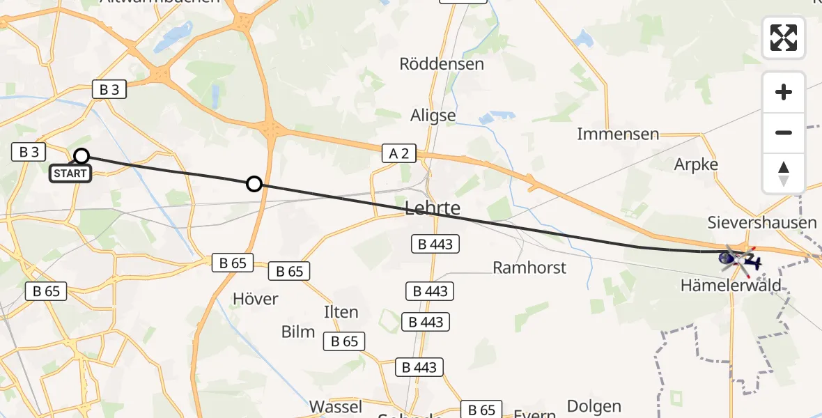 Flugroute Polizeihubschrauber Hannover Luftrettung Hubschrauberlandeplatz (Christoph 4) - Lehrte, 07 August 2026, 17:25