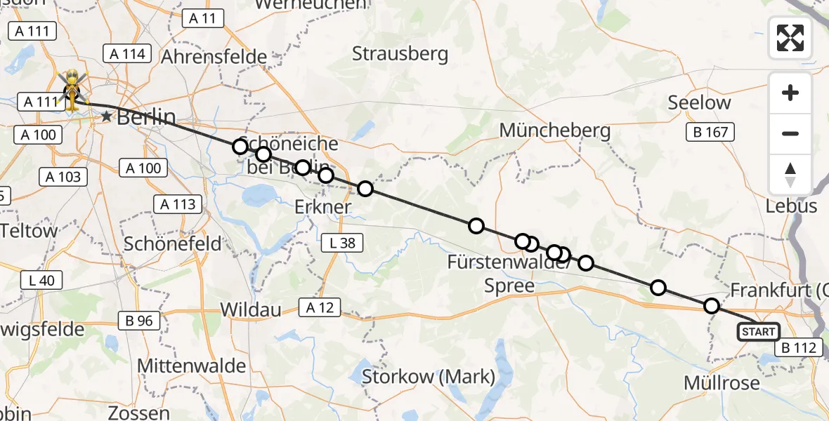 Flugroute Rettungshubschrauber Frankfurt (Oder) - Charité Clinic Virchow Campus Hubschrauberlandeplatz, 07 August 2026, 17:29