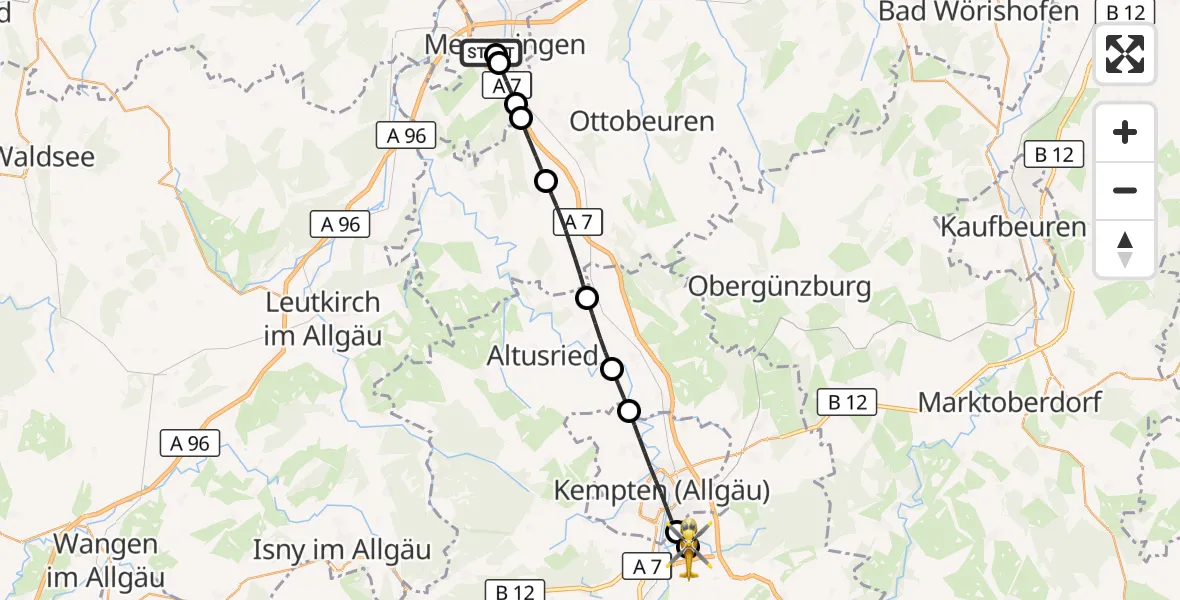 Flugroute Rettungshubschrauber Memmingen Hospital - Kempten-Durach Flugplatz, 07 August 2026, 17:31