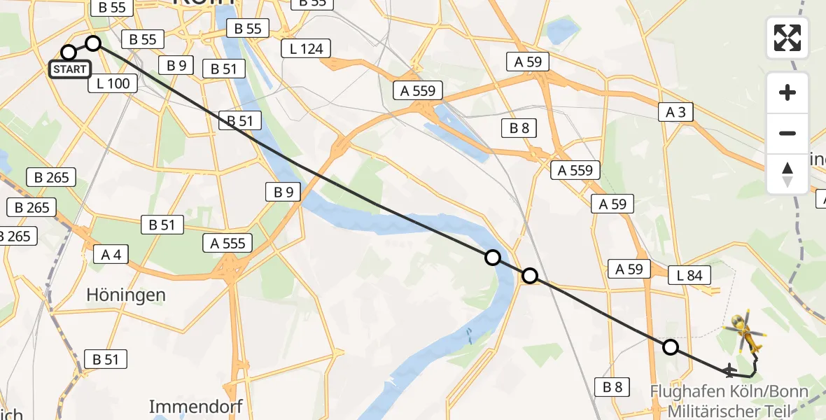 Flugroute Rettungshubschrauber Köln University Hospital - Köln Bonn Flughafen, 07 August 2026, 17:32