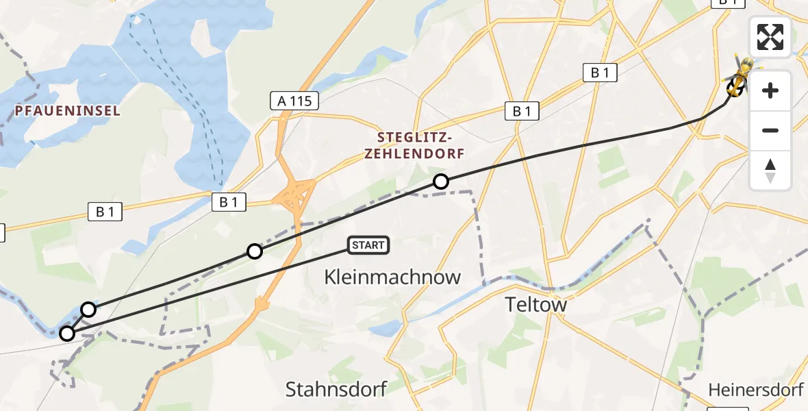 Flugroute Rettungshubschrauber Kleinmachnow - Charité Clinic Benjamin Franklin Campus, 07 August 2026, 17:39