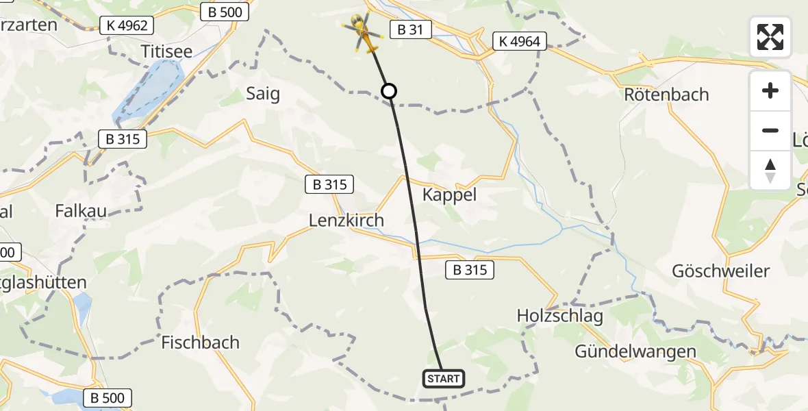 Flugroute Ambulanzhubschrauber Lenzkirch - Titisee-Neustadt, 07 August 2026, 17:39