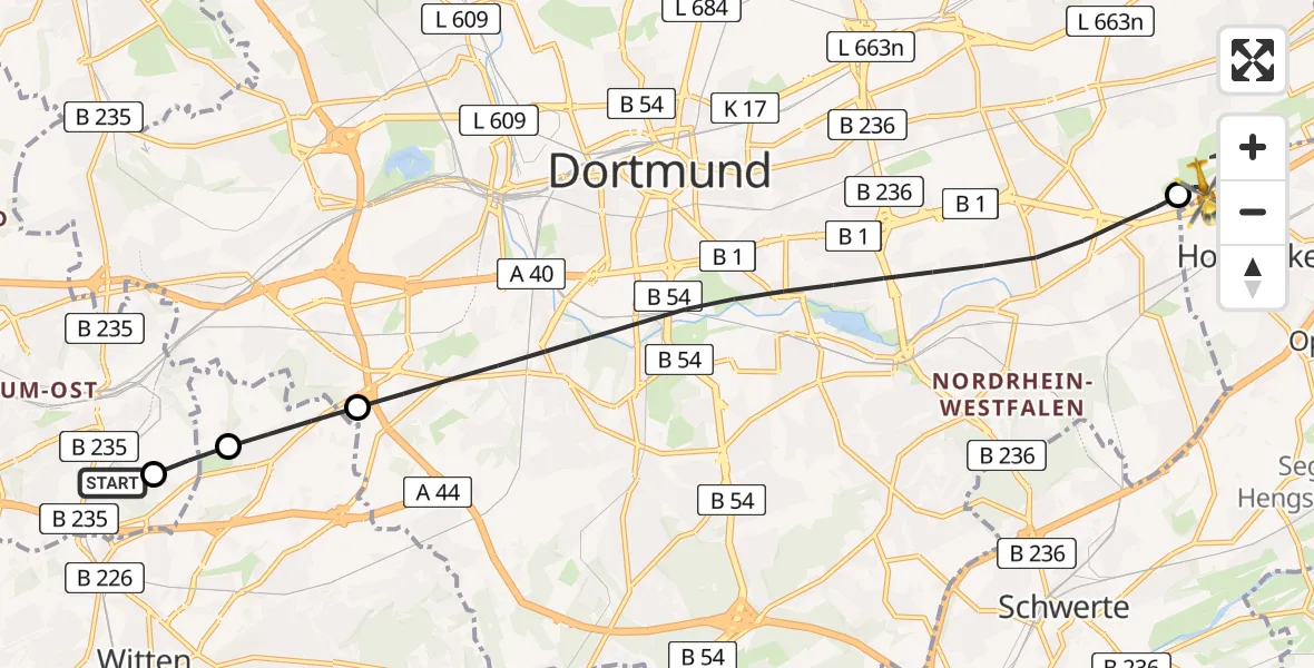 Flugroute Rettungshubschrauber Bochum University Miners' Hospital - Dortmund Flughafen, 07 August 2026, 17:43