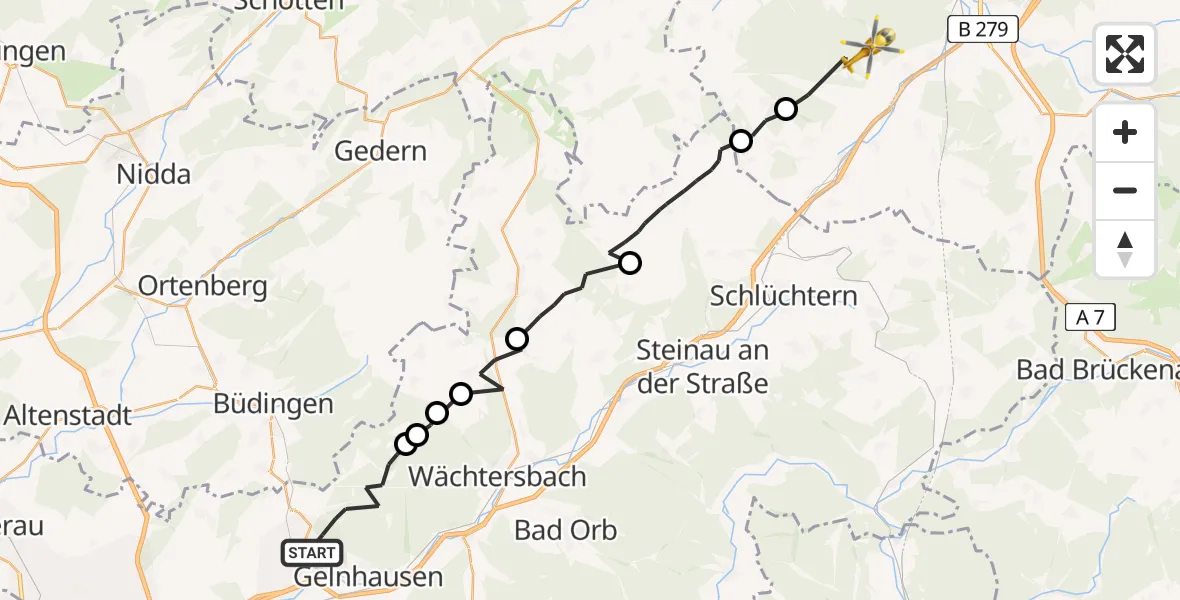 Flugroute Rettungshubschrauber Gründau - Neuhof, 07 August 2026, 17:46
