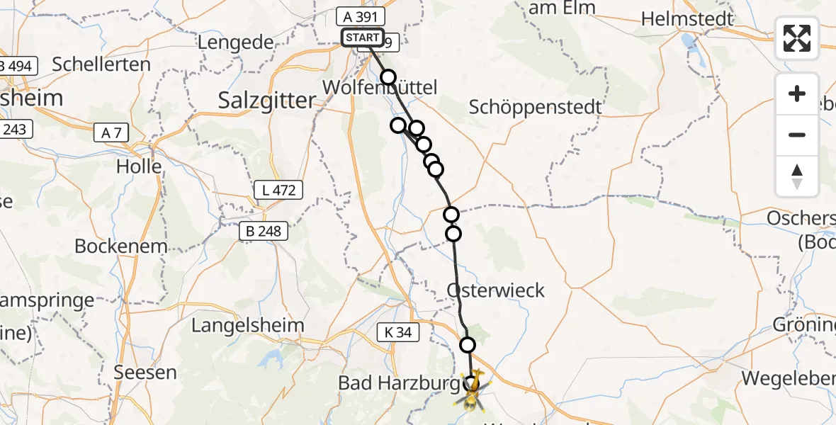 Flugroute Rettungshubschrauber Braunschweig - Ilsenburg (Harz), 07 August 2026, 17:57