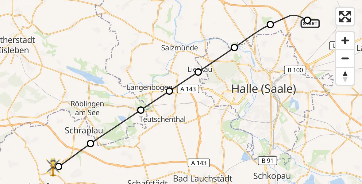 Flugroute Rettungshubschrauber Halle-Oppin Flugplatz - Querfurt, 07 August 2026, 18:01