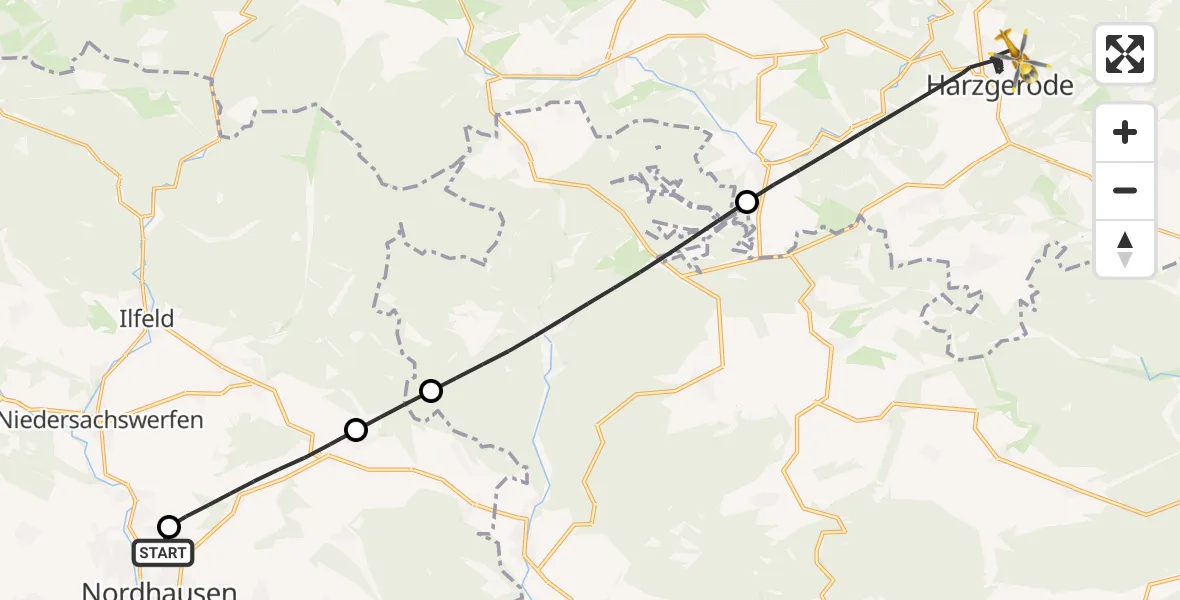 Flugroute Rettungshubschrauber Südharz Hospital Nordhausen - Harzgerode, 07 August 2026, 18:04