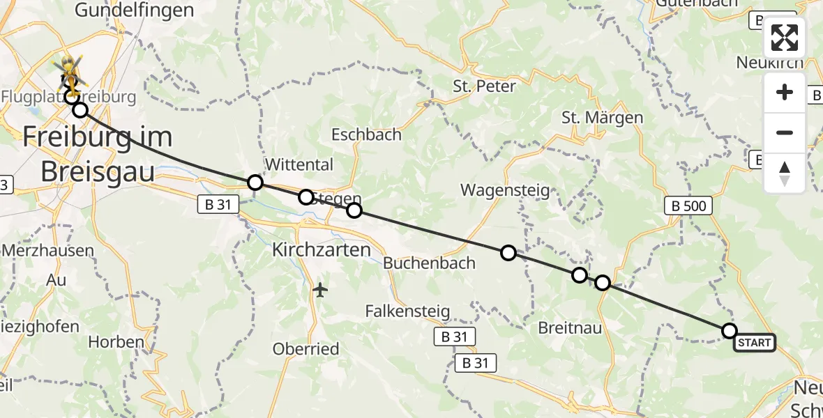 Flugroute Ambulanzhubschrauber Titisee-Neustadt - Freiburg im Breisgau Flugplatz, 07 August 2026, 18:08