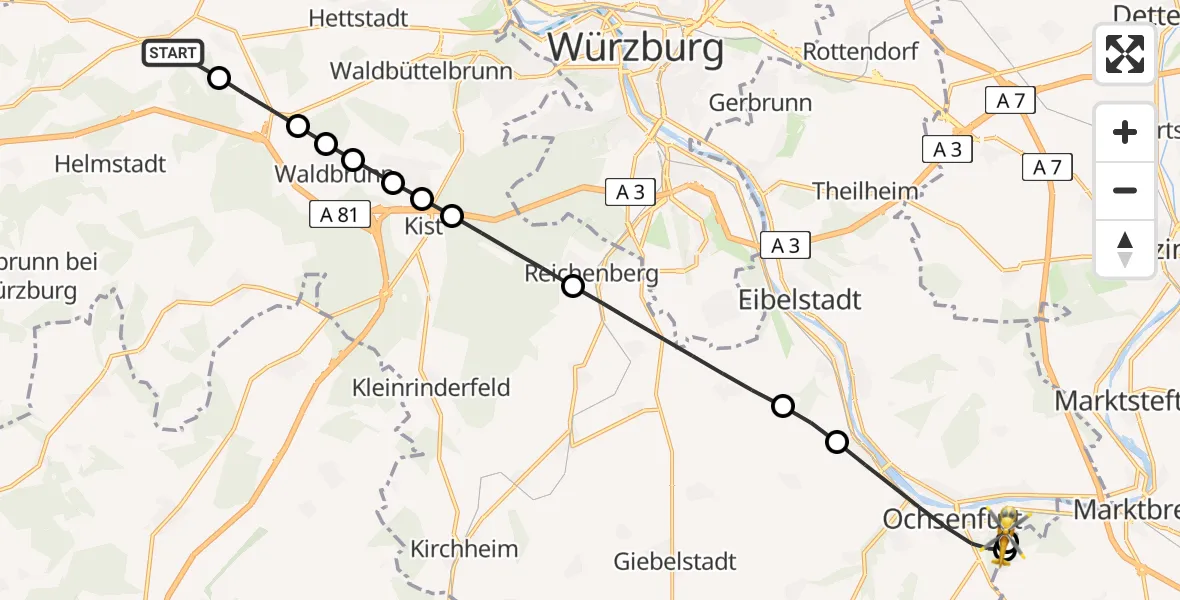 Flugroute Rettungshubschrauber Uettingen - Ochsenfurt Hospital, 07 August 2026, 18:10