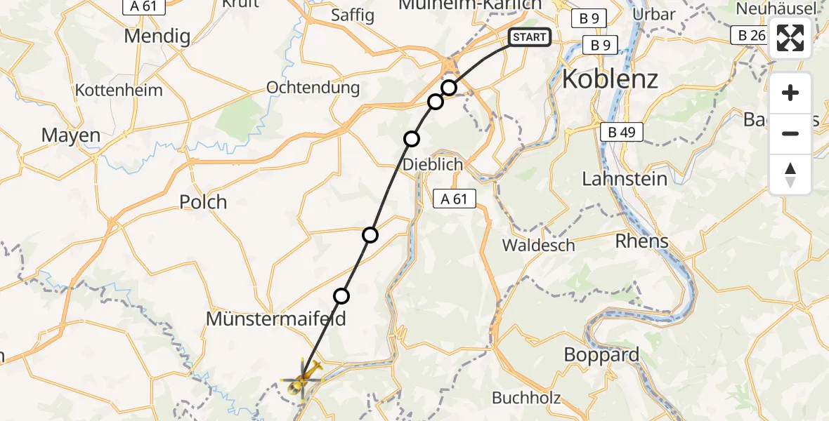 Flugroute Rettungshubschrauber Koblenz - Münstermaifeld, 07 August 2026, 18:25