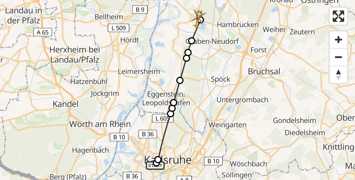 Flugroute Ambulanzhubschrauber Sankt Vincentius Hospital - Philippsburg, 07 August 2026, 18:33