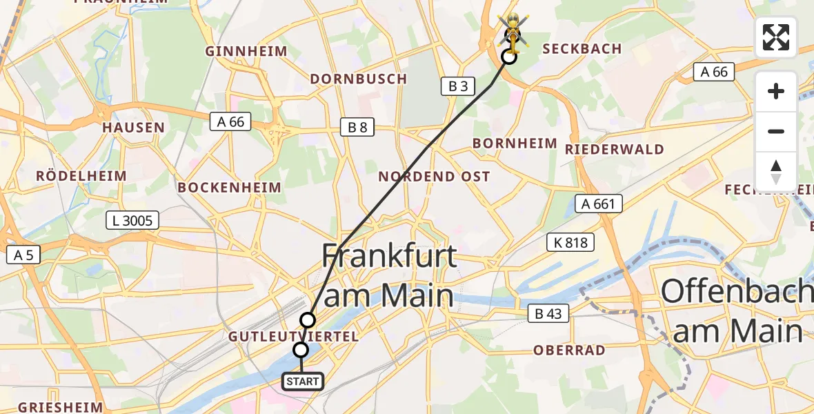 Flugroute Rettungshubschrauber Frankfurt University Hospital - Frankfurt am Main Accident Hospital Roof Helipad (CHX2), 07 August 2026, 18:44