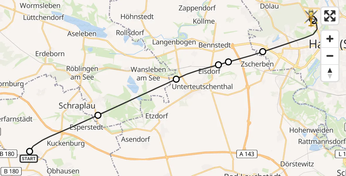 Flugroute Rettungshubschrauber Querfurt - Halle (Saale) University Hospital, 07 August 2026, 18:52
