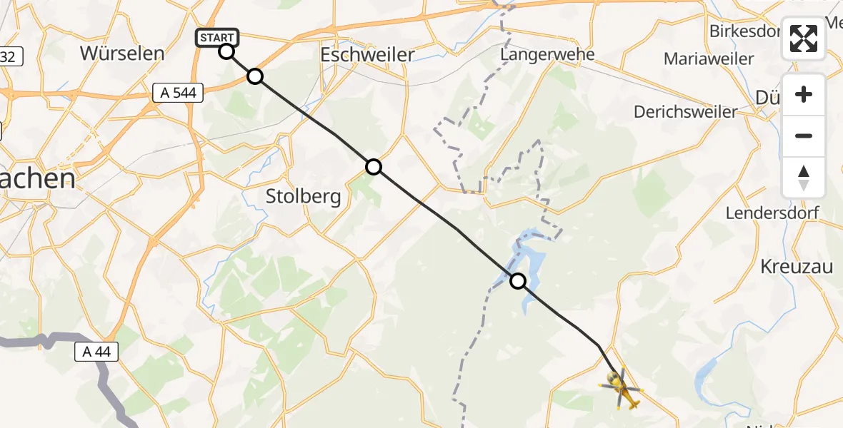 Flugroute Rettungshubschrauber Aachen-Merzbrück Flughafen - Hürtgenwald, 07 August 2026, 19:02