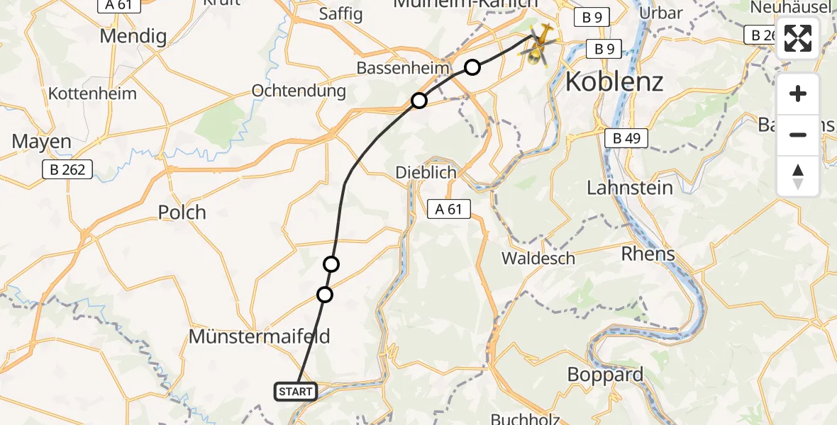 Flugroute Rettungshubschrauber Münstermaifeld - Koblenz, 07 August 2026, 19:03