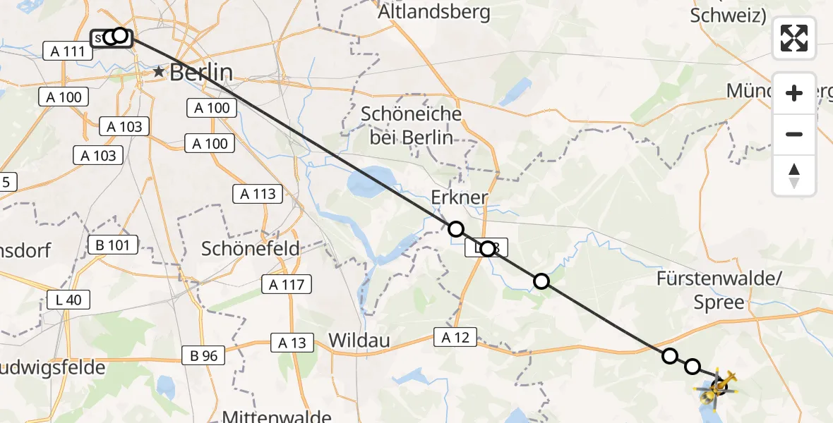 Flugroute Rettungshubschrauber Charité Clinic Virchow Campus - Bad Saarow Hospital Hubschrauberlandeplatz, 07 August 2026, 19:07