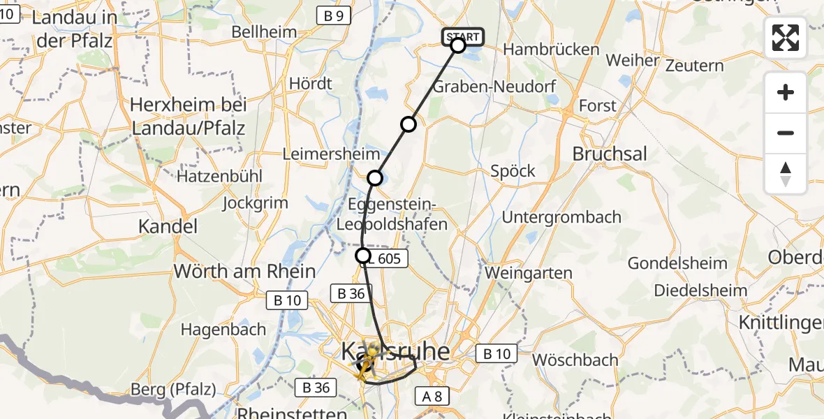 Flugroute Ambulanzhubschrauber Philippsburg - Sankt Vincentius Hospital, 07 August 2026, 19:09