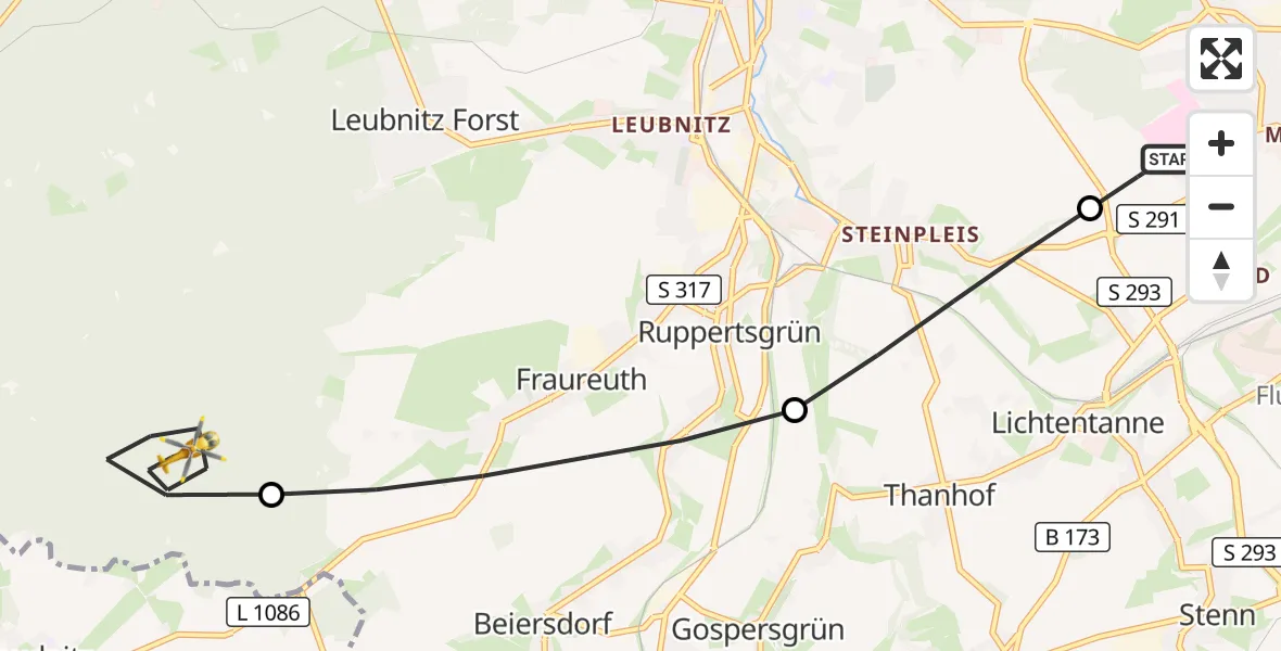 Flugroute Rettungshubschrauber ADAC Air Rescue Station Zwickau Hubschrauberlandeplatz - Werdau, 07 August 2026, 19:23