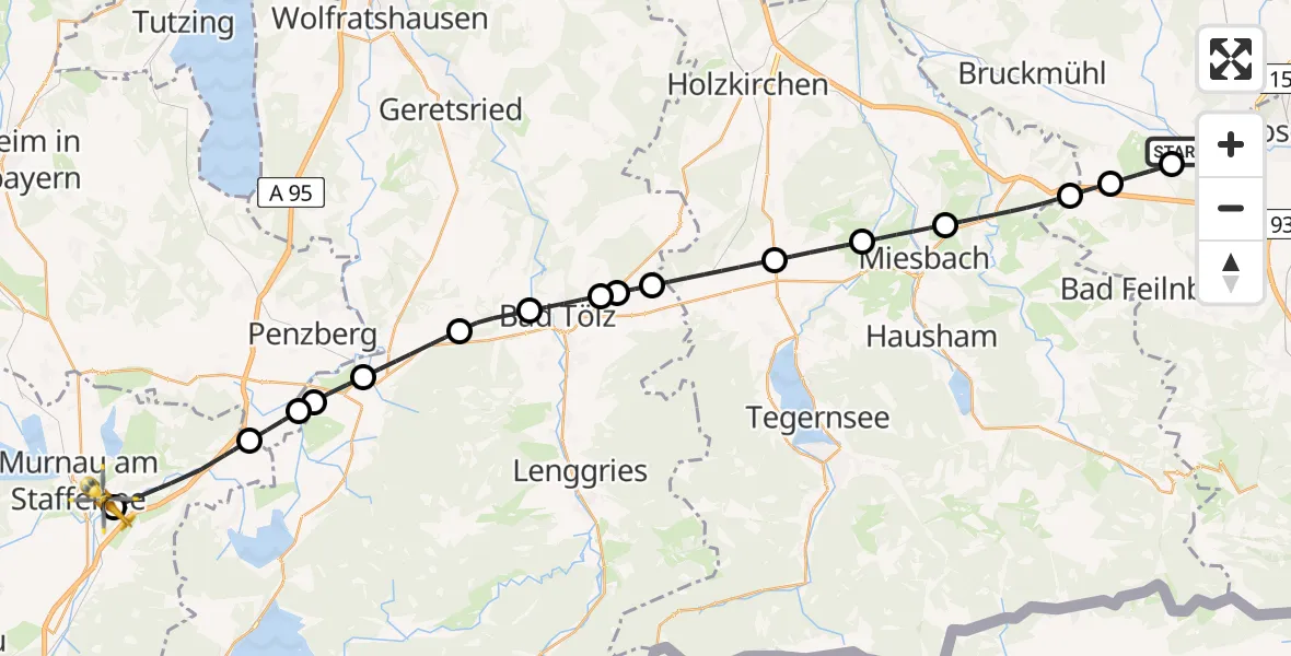 Flugroute Rettungshubschrauber Kolbermoor - Murnau a.Staffelsee, 07 August 2026, 19:32