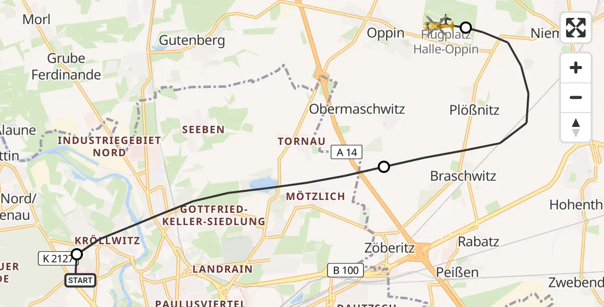 Flugroute Rettungshubschrauber Halle (Saale) University Hospital - Halle-Oppin Flugplatz, 07 August 2026, 19:34