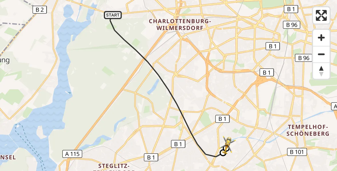 Flugroute Rettungshubschrauber Berlin - Charité Clinic Benjamin Franklin Campus, 07 August 2026, 19:41