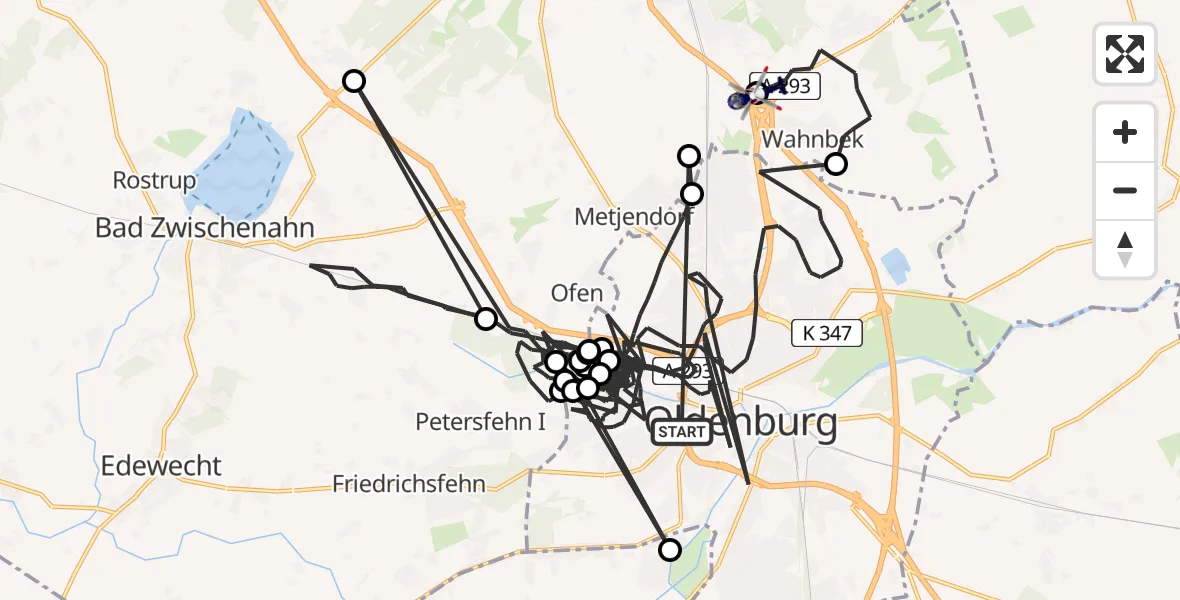Flugroute Polizeihubschrauber Oldenburg (Oldb) - Oldenburg Police Hubschrauberlandeplatz, 07 August 2026, 19:45