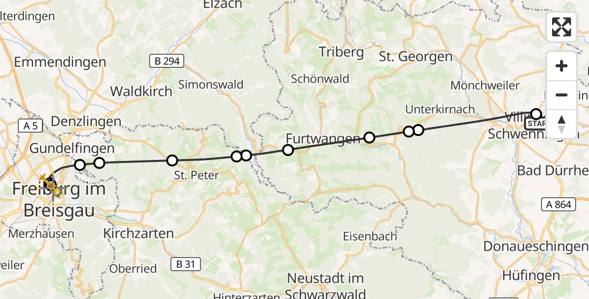 Flugroute Ambulanzhubschrauber DRF Air Rescue Station Villingen-Schwenningen Hubschrauberlandeplatz (Christoph 11) - Freiburg University Hospital Heliport 1, 07 August 2026, 19:48