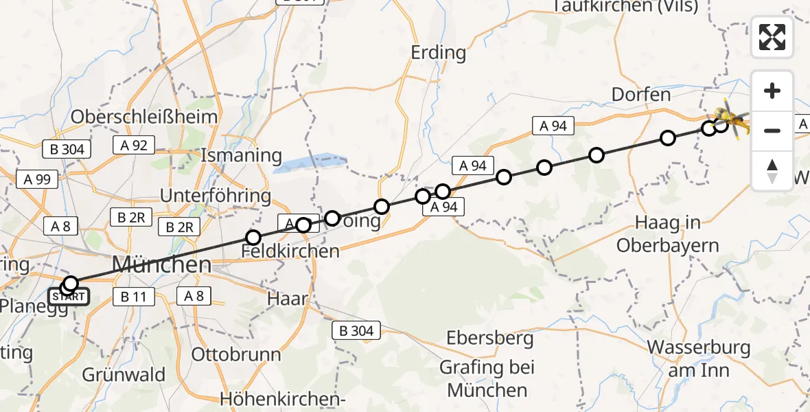 Flugroute Rettungshubschrauber DRF Air Rescue München Hubschrauberlandeplatz - Obertaufkirchen, 07 August 2026, 19:53